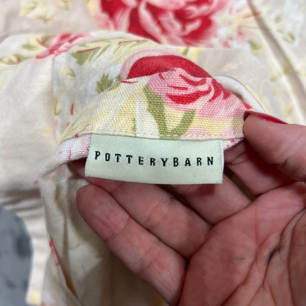 Pair Pottery Barn Ivory Rose Linen Standard Pillow Shams Pink Botanical Cottage